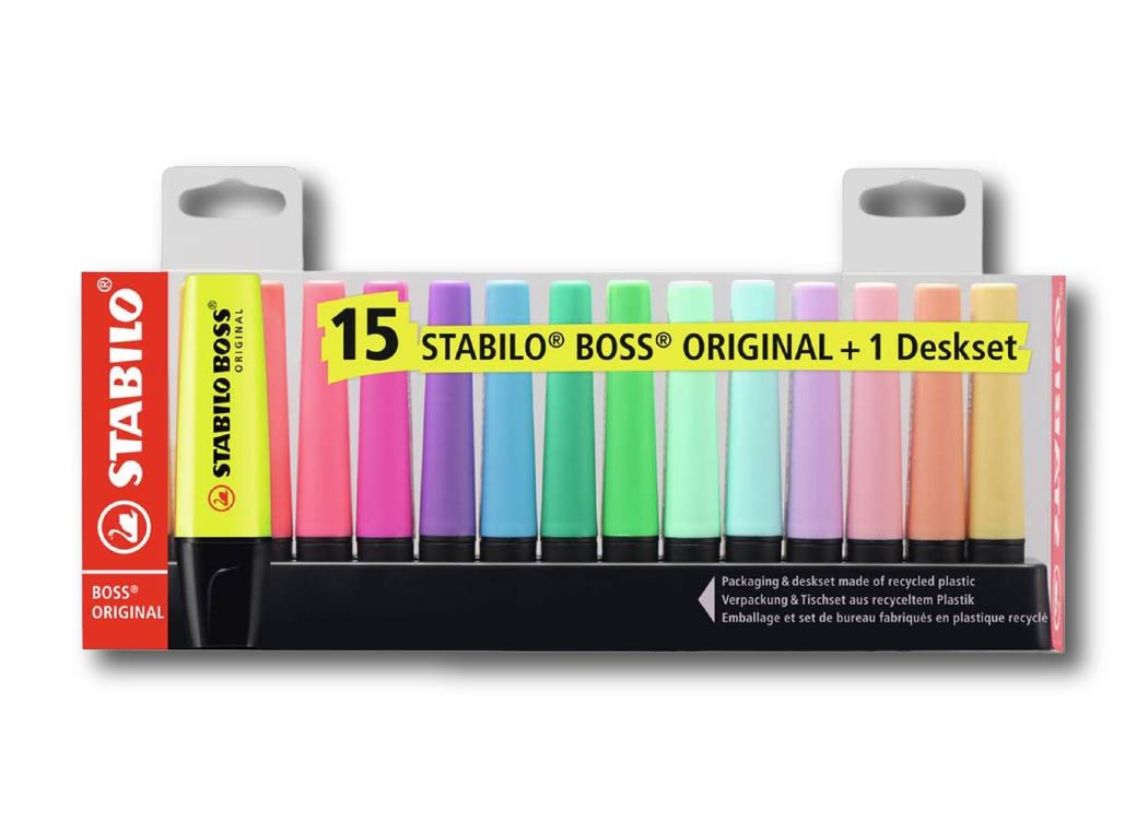 MARCADOR BOSS SET DE 15 UND. 6 COL PASTEL+9 FLUORESC+ESTUCHE DE ESCRITORIO
